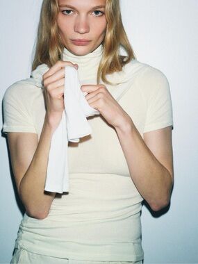 Zara Cream Short-Sleeve Turtleneck Top